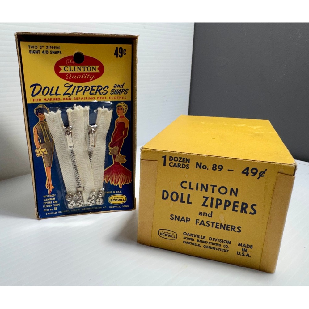 Vintage Clinton Doll Zippers Snaps No 89 Scovill NOS 11 Packs With Original Box
